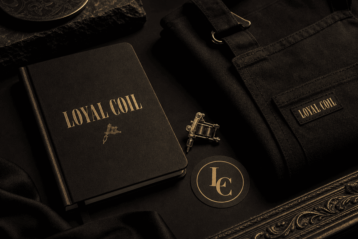 Loyal Coil — notebook, tattoo machine, LC badge