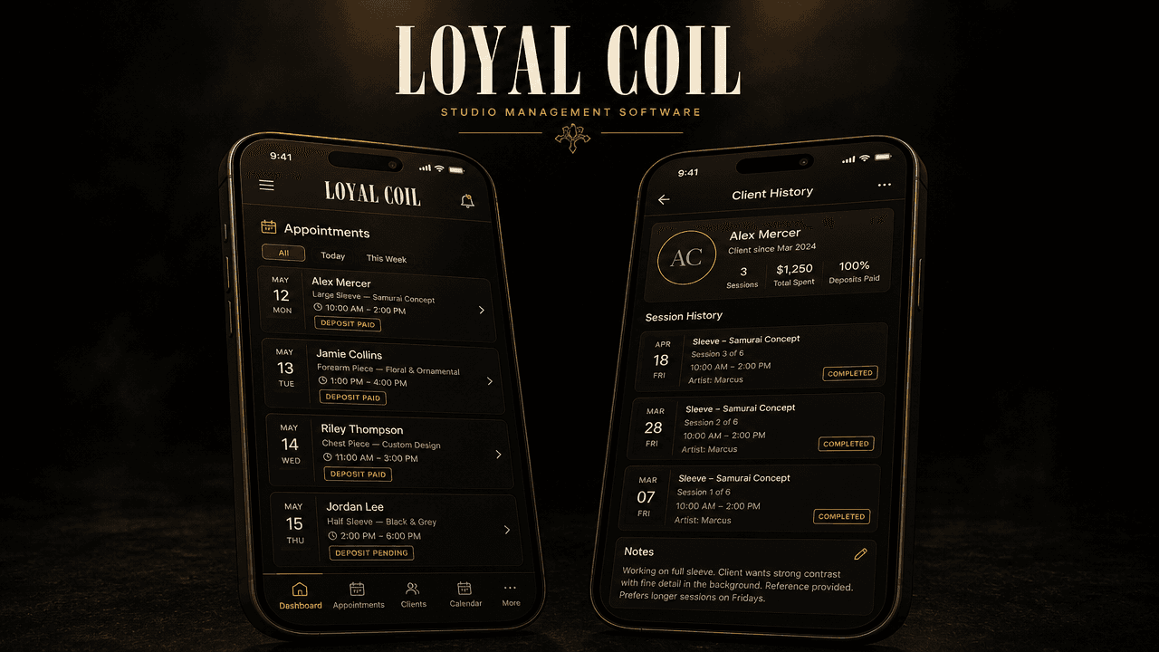 Loyal Coil mobile — appointment queue and client history on iPhone