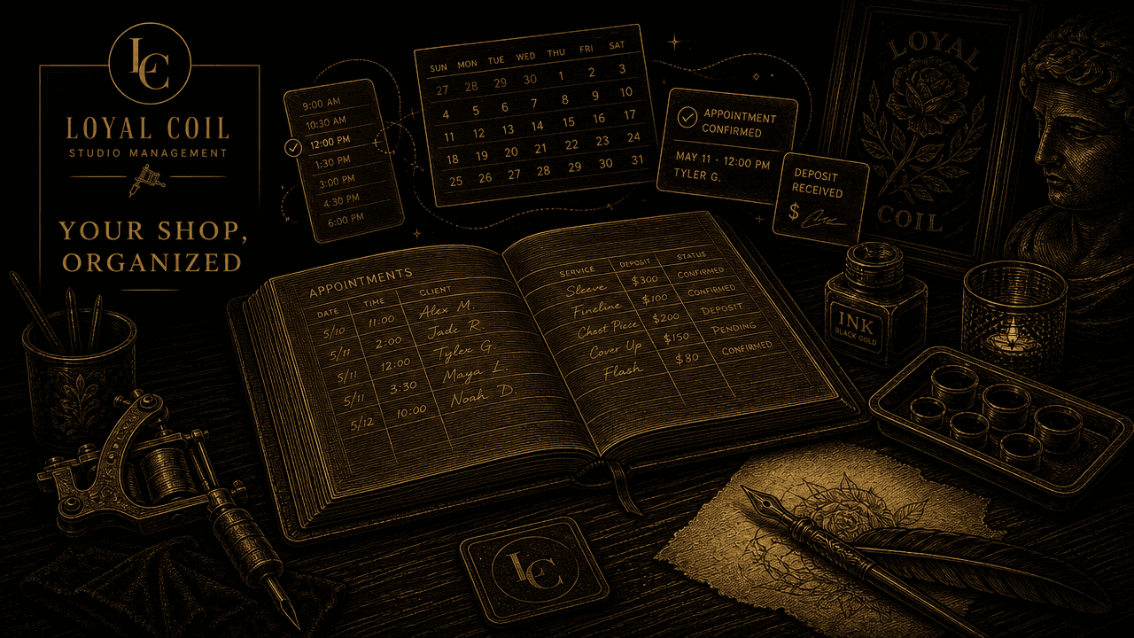 Your shop, organized — Loyal Coil booking queue, calendar, and deposit tracking illustrated
